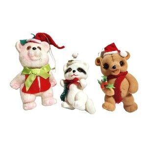 Vintage Flocked Christmas Ornaments Lot of 3 Plastic Animals Racoon Bears